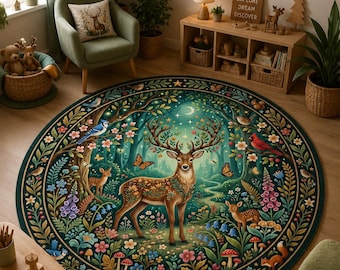 Enchanted Forest Deer Round Rug: Whimsical Woodland Animals, Floral Meadow Home Decor