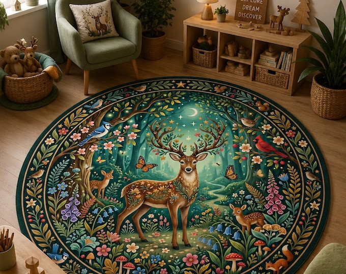 Enchanted Forest Deer Round Rug: Whimsical Woodland Animals, Floral Meadow Home Decor