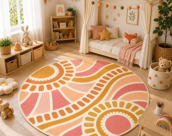 Boho Abstract Rug, Round Nursery Carpet with Sunburst Motifs, Coral Pink and Mustard Waves