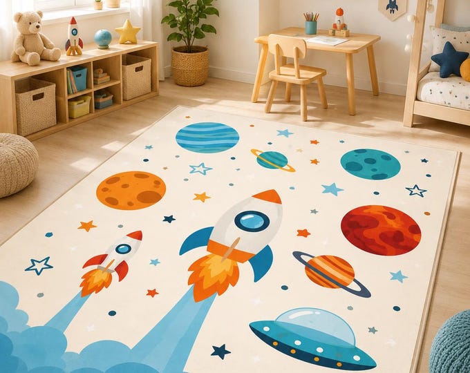 Space Rocket Rug, Galaxy Nursery Carpet, Astronaut Playroom Mat (Digital Print)