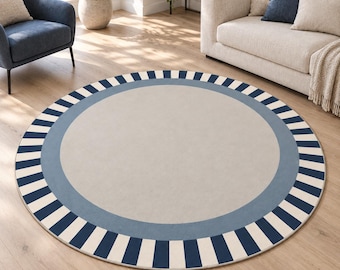 Navy Border Rug, Round Geometric Design, Digitally Printed Blue Area Carpet for Living Room