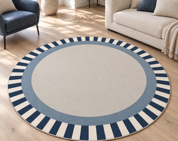 Navy Border Rug, Round Geometric Design, Digitally Printed Blue Area Carpet for Living Room