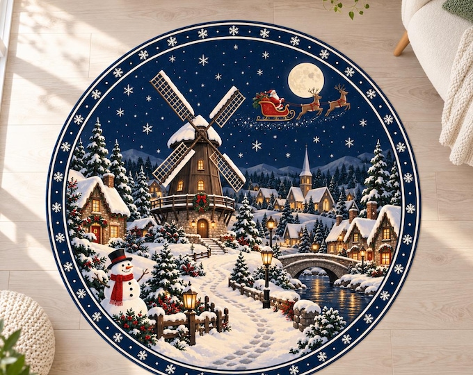 Windmill Rug, Round Midnight Blue Digital Print with Winter Village for Festive Living Rooms