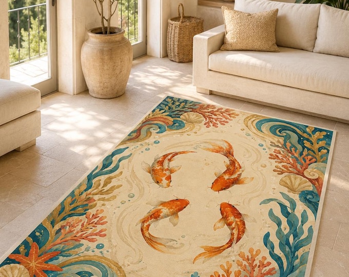 Koi Fish Coral Garden Rug, Coastal Ocean Theme Carpet, Colorful Living Room Print