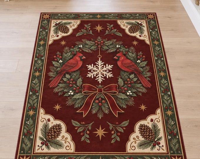 Red Cardinal Christmas Rug with Evergreen Wreath Design, Digitally Printed Festive Living Room Decor