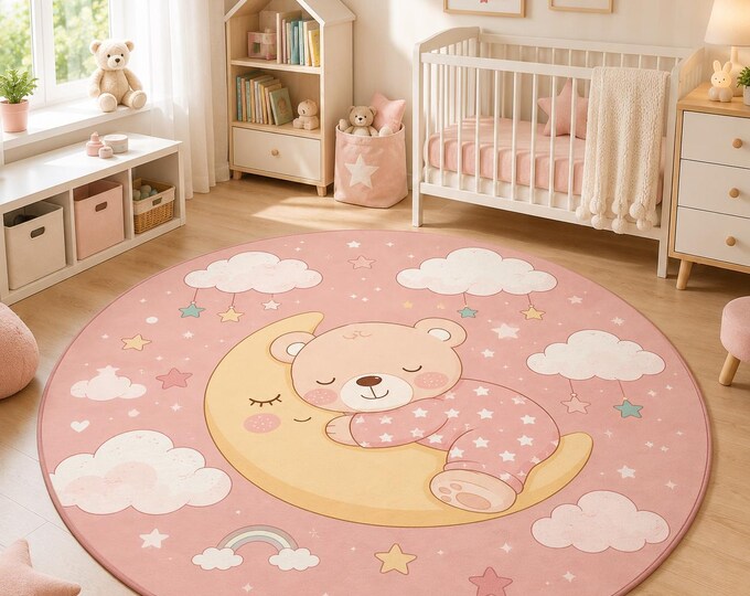 Sleeping Bear Rug, Washable Round Nursery Carpet, Pink Moon Decor for Baby Girl Bedroom