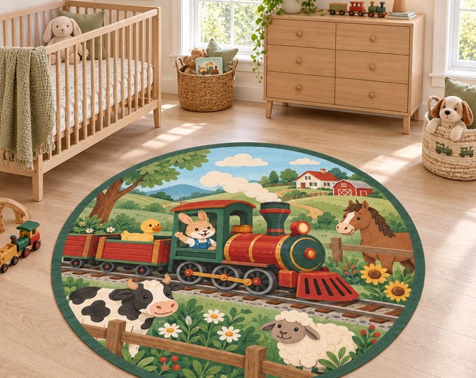 Farm Train Rug, Round Animal Nursery Carpet, Washable Playroom Decor