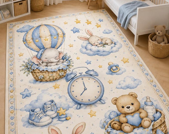 Nursery Rug: Elephants, Bears, Bunnies, Clouds, Stars (40cm x 60cm) Digital Print