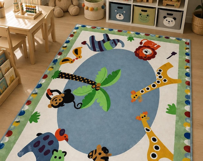 Jungle Safari Animals Playroom Rug, Kids Nursery Decor Carpet