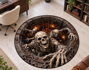 Chained Skeleton Rug, Round Digitally Printed Carpet, Dark Stone Pit with Reaching Skulls