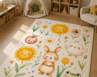Whimsical Garden Animals Nursery Rug, Bunny, Chick, Frog, Ladybug, Snail Playroom Mat