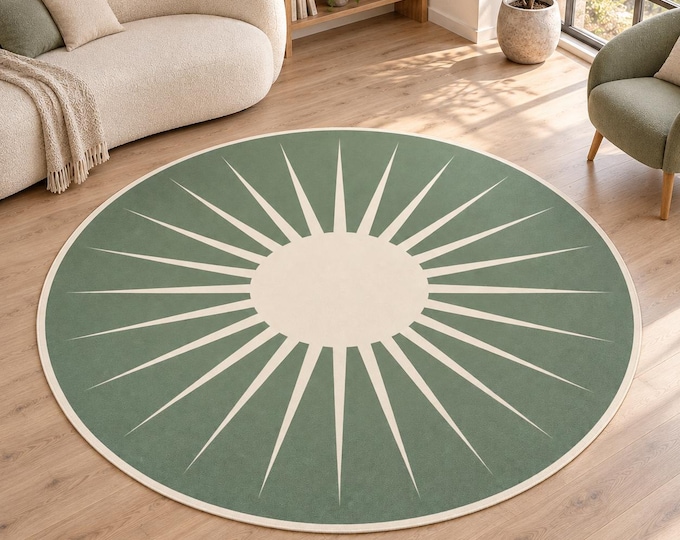 Sage Green Rug, Round Sunburst Design, Digitally Printed Modern Area Carpet for Living Room
