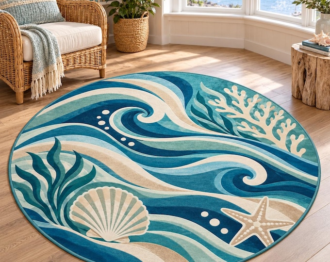 Round Blue Ocean Wave Rug, Starfish and Coral Design, Nautical Bedroom Carpet, Seaside Floor Accent, Statement Home Decor, Digital Print Rug