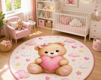 Teddy Bear Heart Rug, Pink Nursery Round Carpet, Baby Playroom Decor