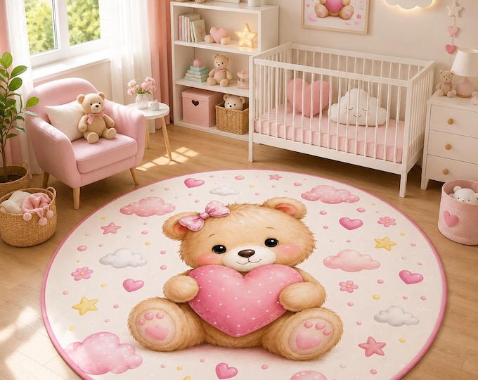 Teddy Bear Heart Rug, Pink Nursery Round Carpet, Baby Playroom Decor