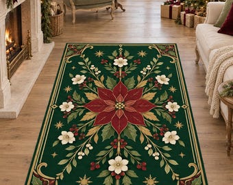 Green Christmas Rug, Burgundy Poinsettia and Floral Pattern, Digitally Printed Festive Living Room Decor