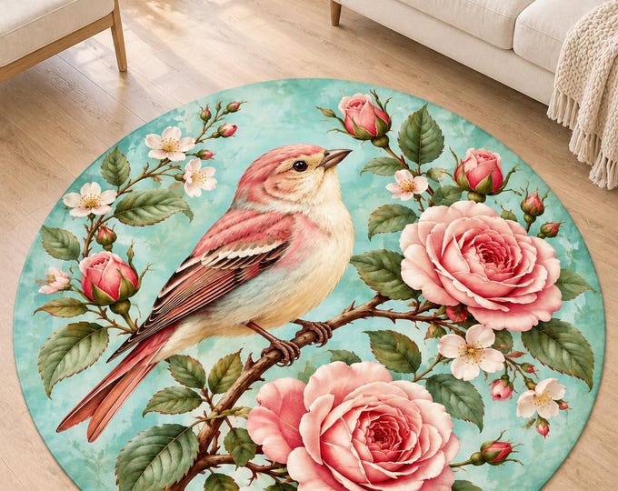 Vintage Bird Rug, Washable Round Area Carpet, Colorful Printed Floor Decor for Home and Bedroom