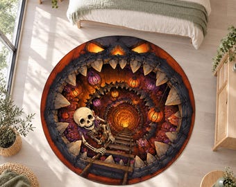 Monster Mouth Rug, Round Digitally Printed Carpet, Skeleton Ladder Tunnel with Lanterns