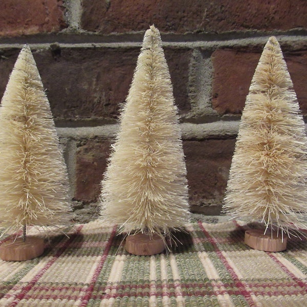 Sisal Bottle Brush Trees - 5 Inches Tall - Miniature Christmas Trees - Woodlands Trees - Natural Beige Color with Wood Base - Qty 3