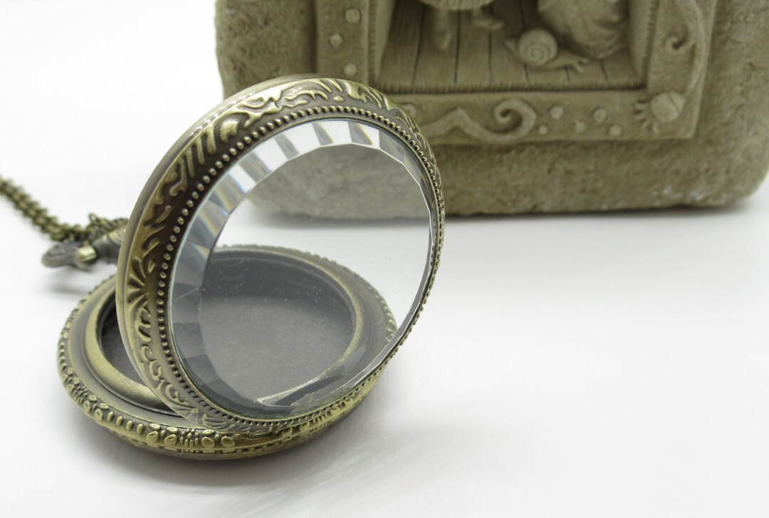 Pocket Watch Locket Necklace Empty Watch Case Pendant Clear Beveled