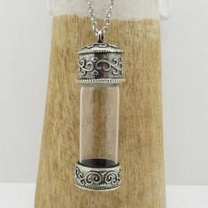 Glass Vial Necklace - Small Bottle Pendant - Empty Fillable Locket for Mementos or Liquids - Screw on Top - 20" Silver Rolo Chain