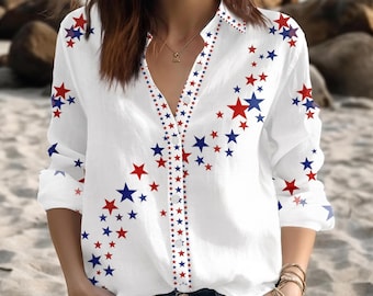 USA Flag Women's Button Up Shirt, Patriotic Casual 4th of July Blouse, Merica Red White Blue Top, Independence Day Summer Outfit