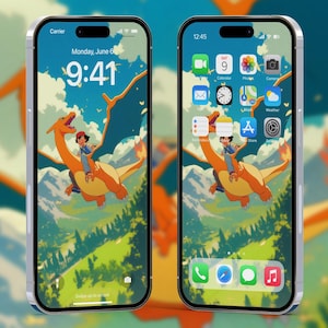 May include: Two silver smartphones displaying a colorful cartoon wallpaper of a person riding a Charizard. The lock screen shows the date and time. The home screen displays app icons. The background features a blue sky, green hills, and orange flames.