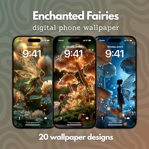 Puede incluir: Tres teléfonos inteligentes que muestran fondos de pantalla digitales titulados Enchanted Fairies. Las pantallas muestran ilustraciones de hadas entre hongos brillantes y destellos. El texto 20 wallpaper designs es visible en la parte inferior.