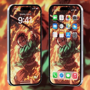 May include: Two silver smartphones displaying a fiery anime-style wallpaper featuring a character with a sword. The lock screen shows the time and date. The home screen displays app icons. The phones are set against a blurred orange background.