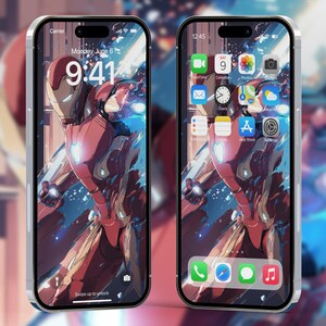 May include: Two silver smartphones with an Iron Man wallpaper. The screens show the time, date, and app icons. The Iron Man image is red and gold, with a blue and white background. One phone displays the time as 9:41, the other 12:45.