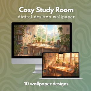 Cozy Study Room Desktop Wallpaper, Anime Aesthetic Laptop Backgrounds, Sunlit Reading, Plants, LoFi Wallpaper