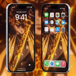 May include: Two smartphones displaying a vibrant anime-style wallpaper featuring a character with yellow and orange accents. The lock screen shows the time as 9:41 AM, while the other screen displays app icons. The phones have a silver frame.