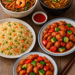 Puede incluir: Una variedad de platos asiáticos se exhiben sobre una mesa de madera. La imagen incluye cuencos de fideos con camarones, sopa, arroz frito y pollo agridulce con verduras. También hay un pequeño cuenco de salsa roja.