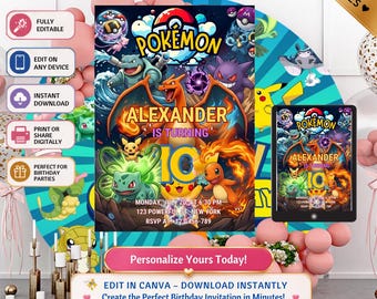 Invitation d'anniversaire Pokémon modifiable, thème carte aventure Pokémon pour invitation à une fête d'anniversaire, modèle Canva personnalisable pour carte d'anniversaire enfant