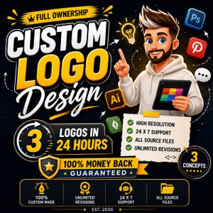 Puede incluir: Gráfico digital que promociona servicios de diseño de logotipos personalizados. La imagen presenta el texto "CUSTOM LOGO Design" en amarillo y blanco, junto con iconos y una ilustración de un hombre sosteniendo una tableta. Texto adicional incluye "3 LOGOS EN 24 HORAS" y "GARANTÍA DE DEVOLUCIÓN DEL 100% DEL DINERO."