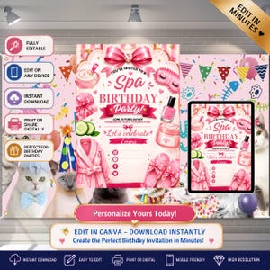 Uitnodiging voor een spa-verjaardagsfeestje, gedrukte kaarten of bewerkbare sjabloon, roze verwenfeestje voor meisjes in de spa, Coquette verjaardagsuitnodiging