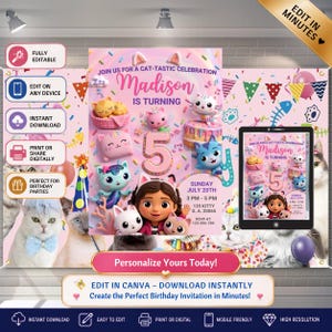 May include: A digital birthday invitation template featuring a pink background with cartoon cats, a large number five, and the text JOIN US FOR A CAT-TASTIC CELEBRATION, Madison IS TURNING, SUNDAY JULY 20TH, 3 PM - 5 PM, 135 KITTY G.A. 20065, RSVP AT 123-456-789.