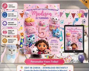 Invito di compleanno a tema "Casa delle bambole di Gabby", con gattini dai colori pastello (download digitale)