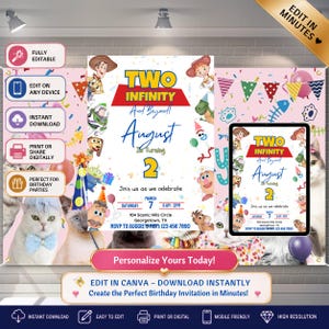 May include: A digital birthday invitation template featuring Toy Story characters, colorful confetti, and text reading Two Infinity And Beyond, August Is Turning 2, Join us as we celebrate, Saturday March 7, 11 AM-2 PM, 104 Scenic Hills Circle.