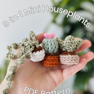 Puede incluir: Una colección de nueve mini plantas de interior de ganchillo, incluyendo cactus y plantas colgantes, en varios colores. Las plantas se muestran en pequeñas macetas marrones, naranjas y beige. El texto "9-in-1 Mini Houseplants" y "PDF Pattern" son visibles.