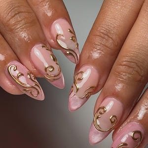 Uñas postizas de terciopelo hechas a mano, color rosa con detalles, reutilizables, resistentes, de gel acrílico, calidad de salón, con pegamento.