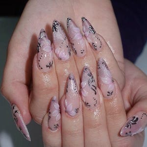 Uñas postizas Noir Petal Veil hechas a mano, tonos negro y rosa, uñas acrílicas de gel resistentes y reutilizables, calidad de salón, uñas postizas