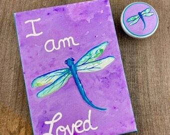 Hand painted dragonfly wall art, personalized dragonfly painting, girls room decor, baby girl nursery, positive affirmations, I am loved
