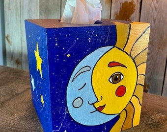 Celestial tissue box cover, celestial decor, celestial bedroom, sun, moon, gift, celestial nursery, girls room, playroom decor, kids room