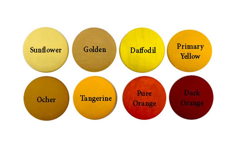 May include: Eight paint colour swatches in round circles, showing shades of yellow and orange. The colours are labelled: Sunflower, Golden, Daffodil, Primary Yellow, Ocher, Tangerine, Pure Orange, and Dark Orange.