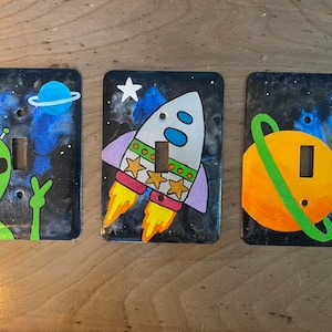 Space switch plates, Outer Space room decor, glow switch plates, Space bedroom decor, boys space bedroom, Alien Switch plate, Rocket