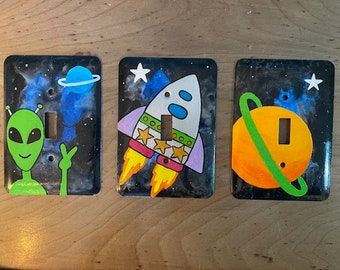 Space switch plates, Outer Space room decor, glow switch plates, Space bedroom decor, boys space bedroom, Alien Switch plate, Rocket