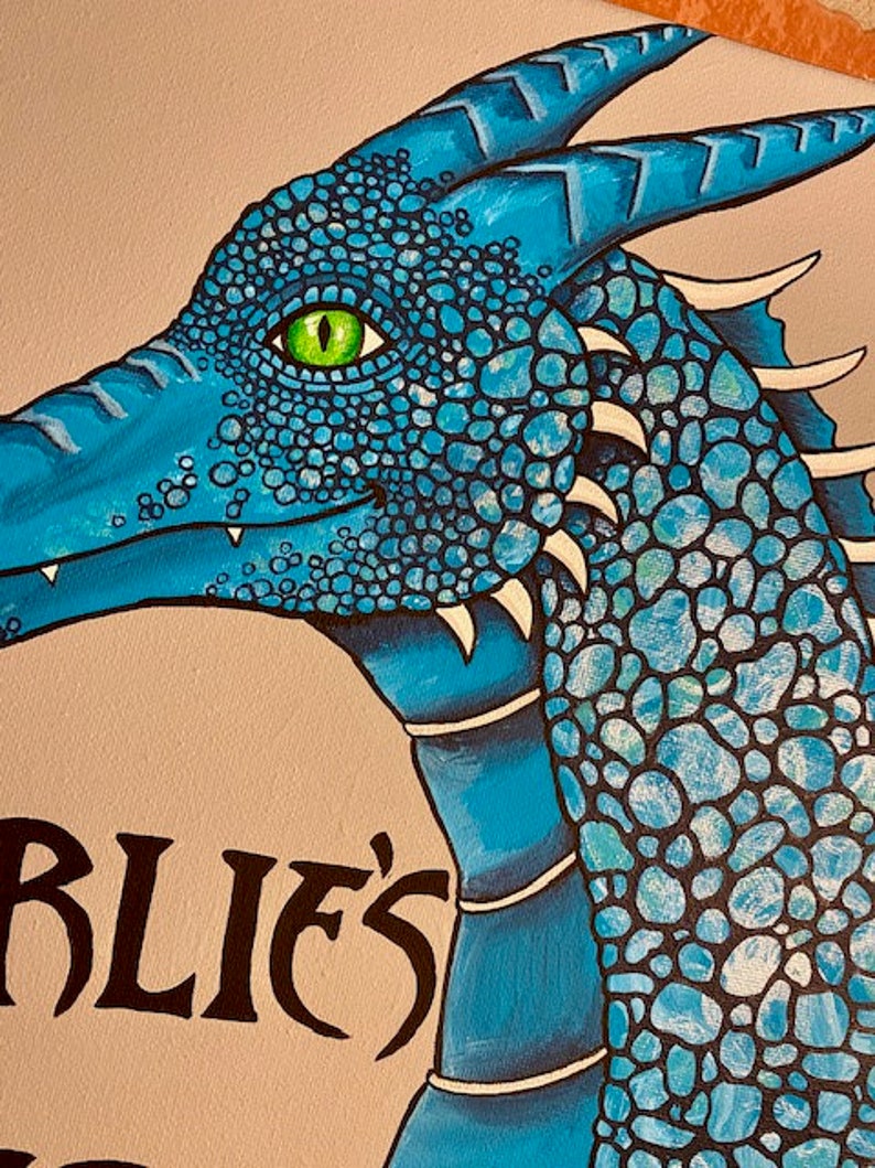 Hand painted dragon wall art, dragon bedroom decor, dragon nursery, dragon room sign, personalized dragon art. Fantasy nursery, Dragon lair image 6