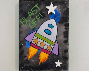 Hand painted space rocket wall art, outer space bedroom decor, space nursery wall art, custom canvas space painting, space ship, glow art