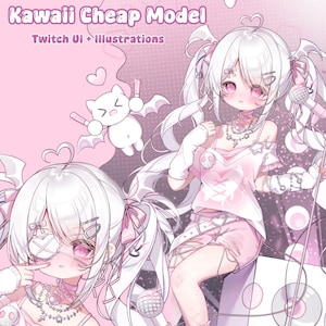 May include: Digital illustration in pink tones, showcasing two anime-style characters with white hair and pink details. The text "Kawaii Cheap Model" and "Twitch UI + Illustrations" are visible. One character holds a microphone, with a bat-like creature floating nearby.